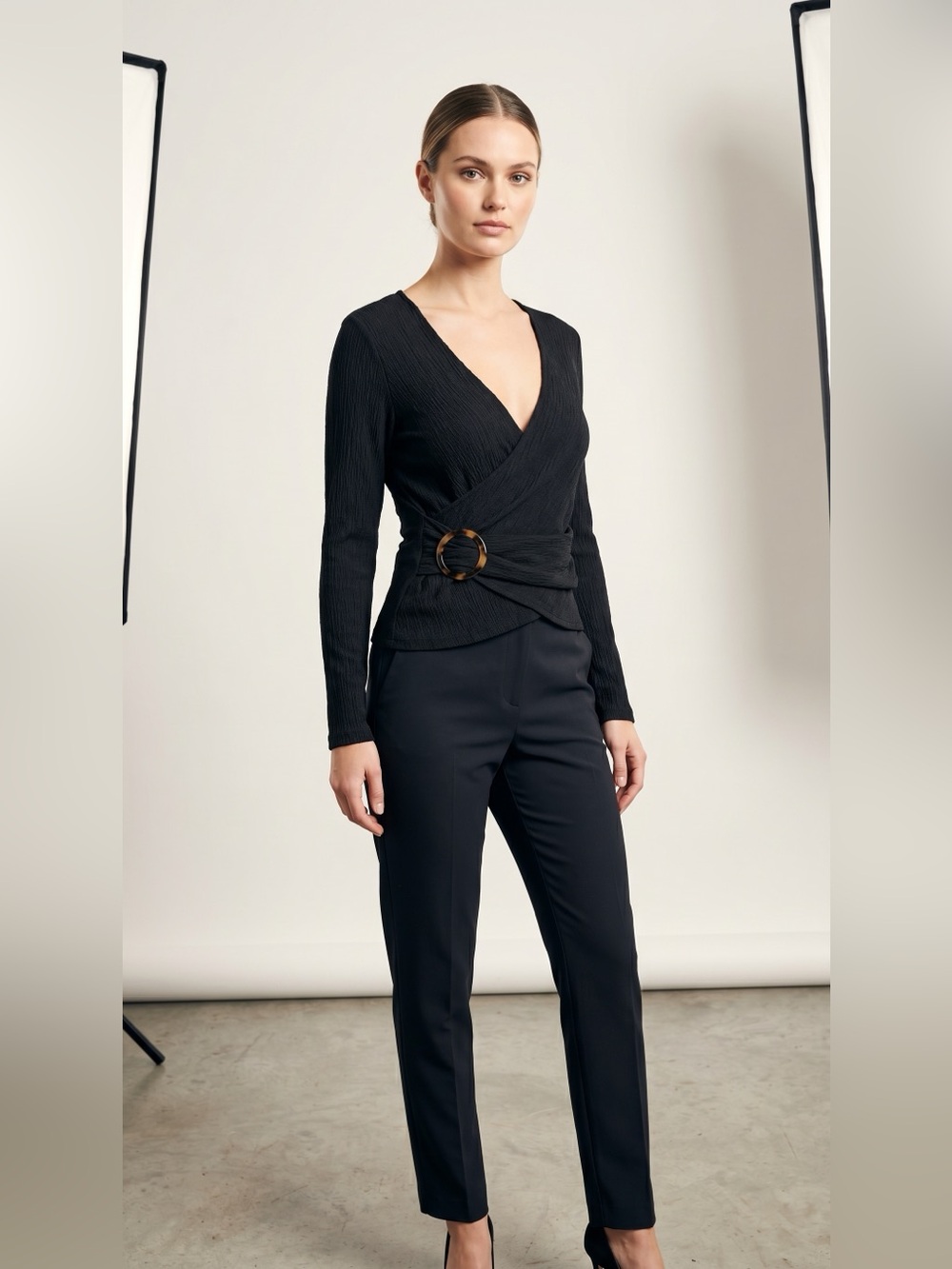 Black Wrap-Style Long Sleeve Top with Tortoiseshell Buckle